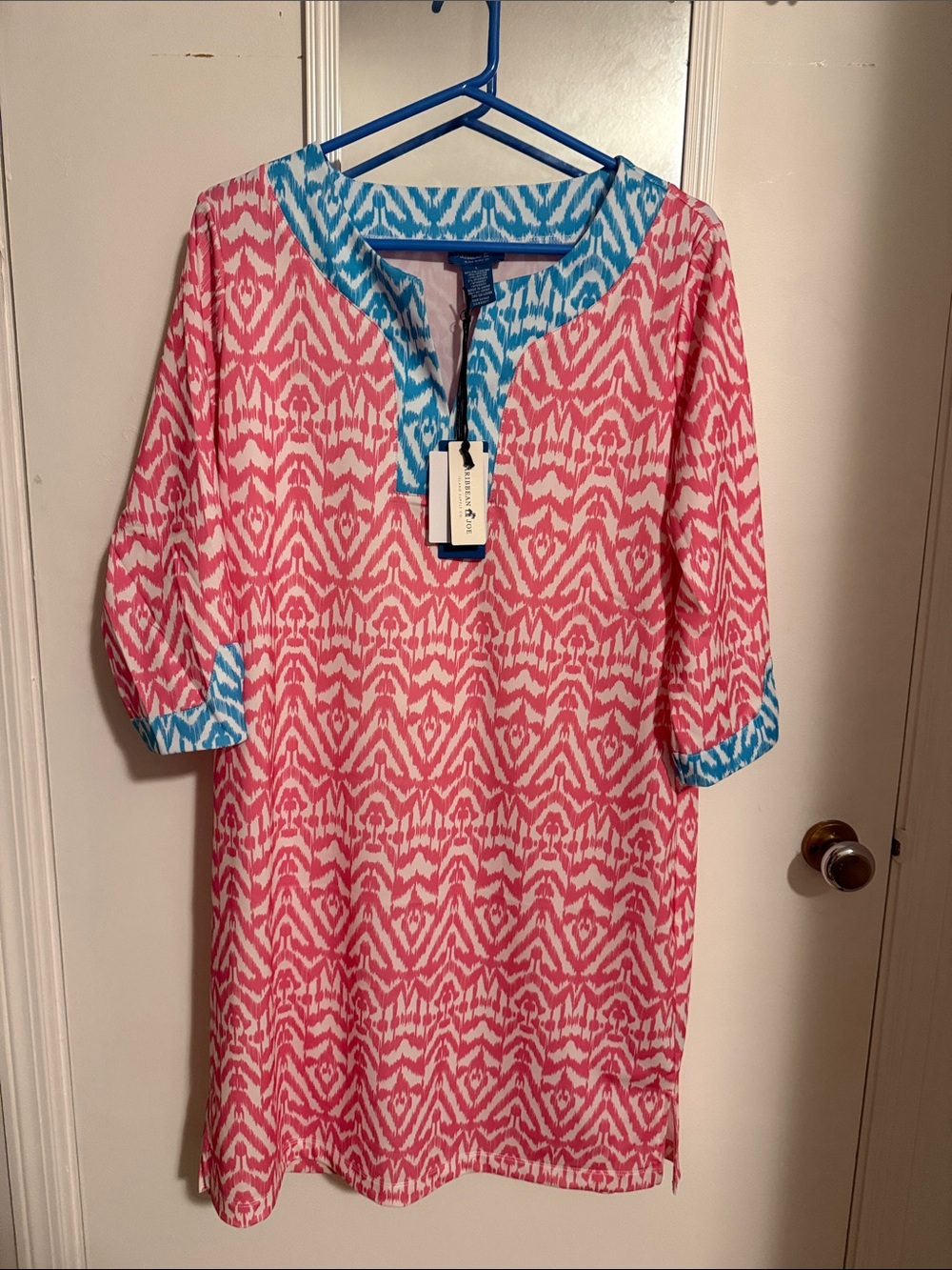 Caribbean Joe Pink Patterned Long-Sleeve Tunic with Blue Trim